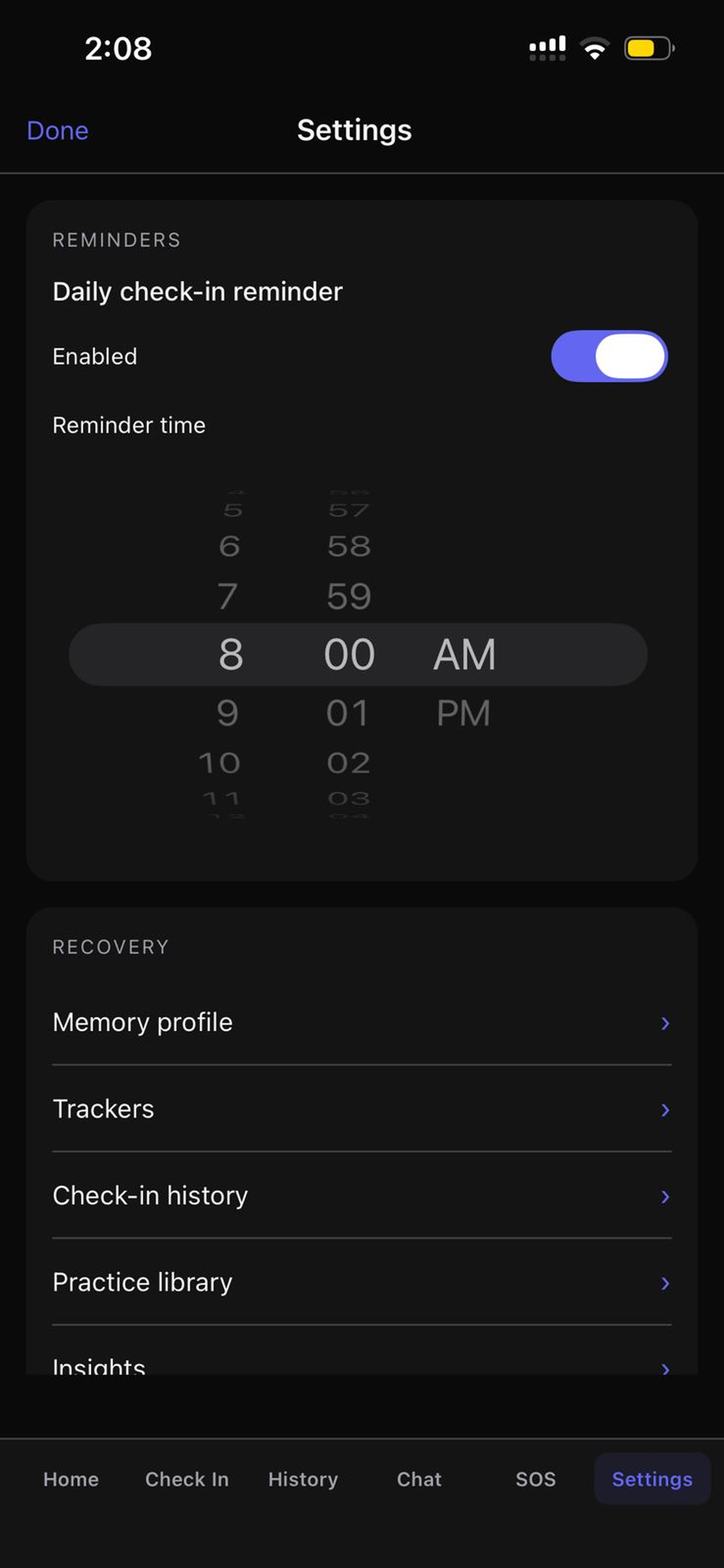 Anchor Sobriety settings and support screen.