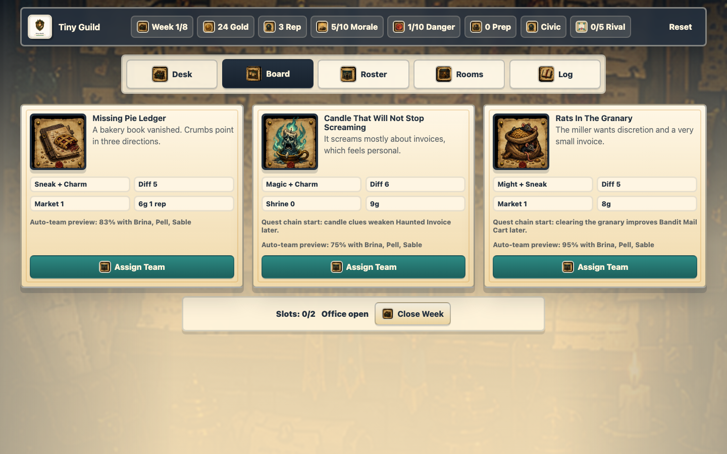 Tiny Guild quest assignment board.