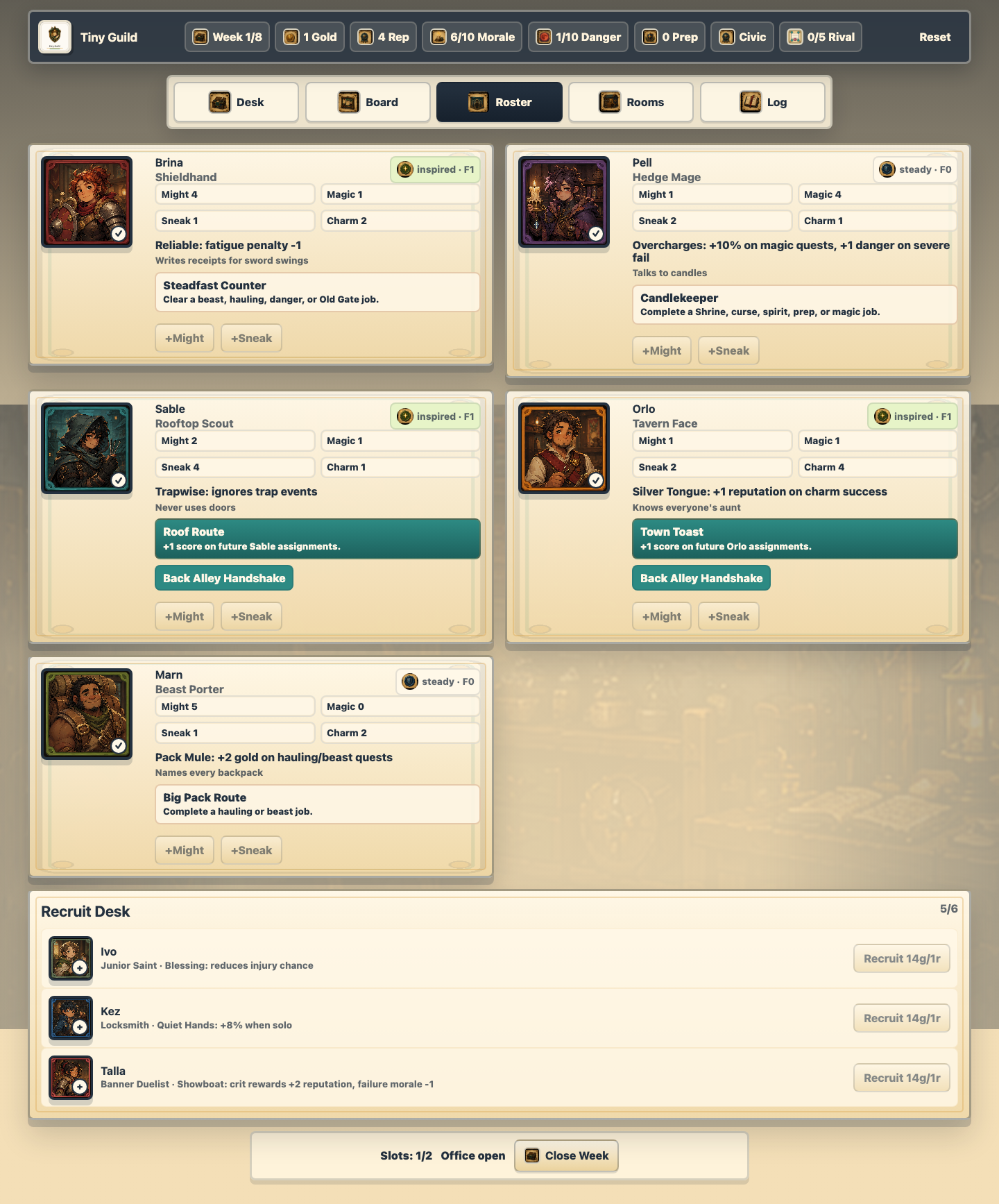 Tiny Guild roster action.