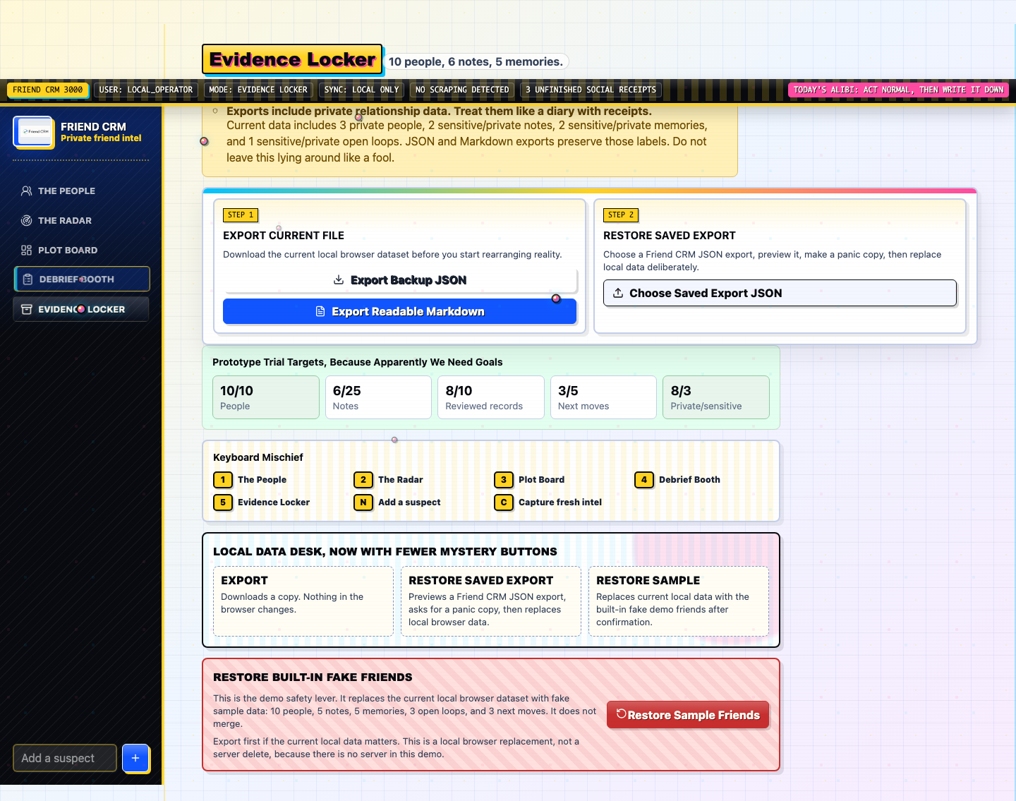 Friend CRM Evidence Locker settings and export/import screen.