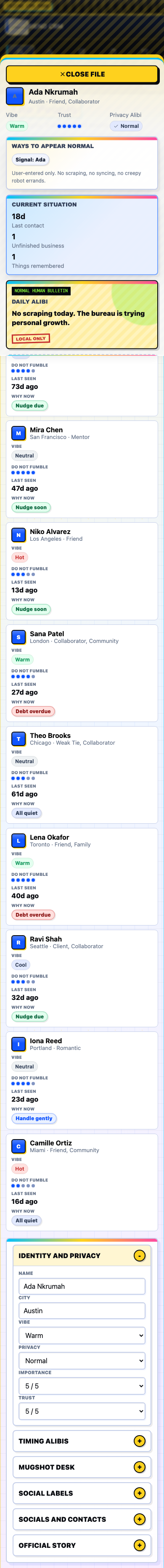 Friend CRM mobile person dossier drawer.