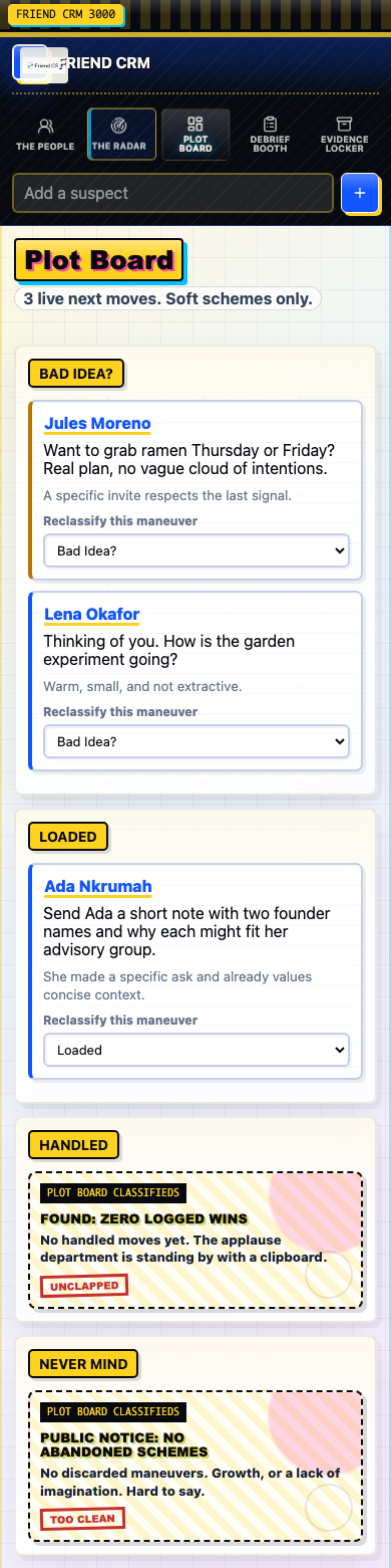 Friend CRM mobile Plot Board layout.
