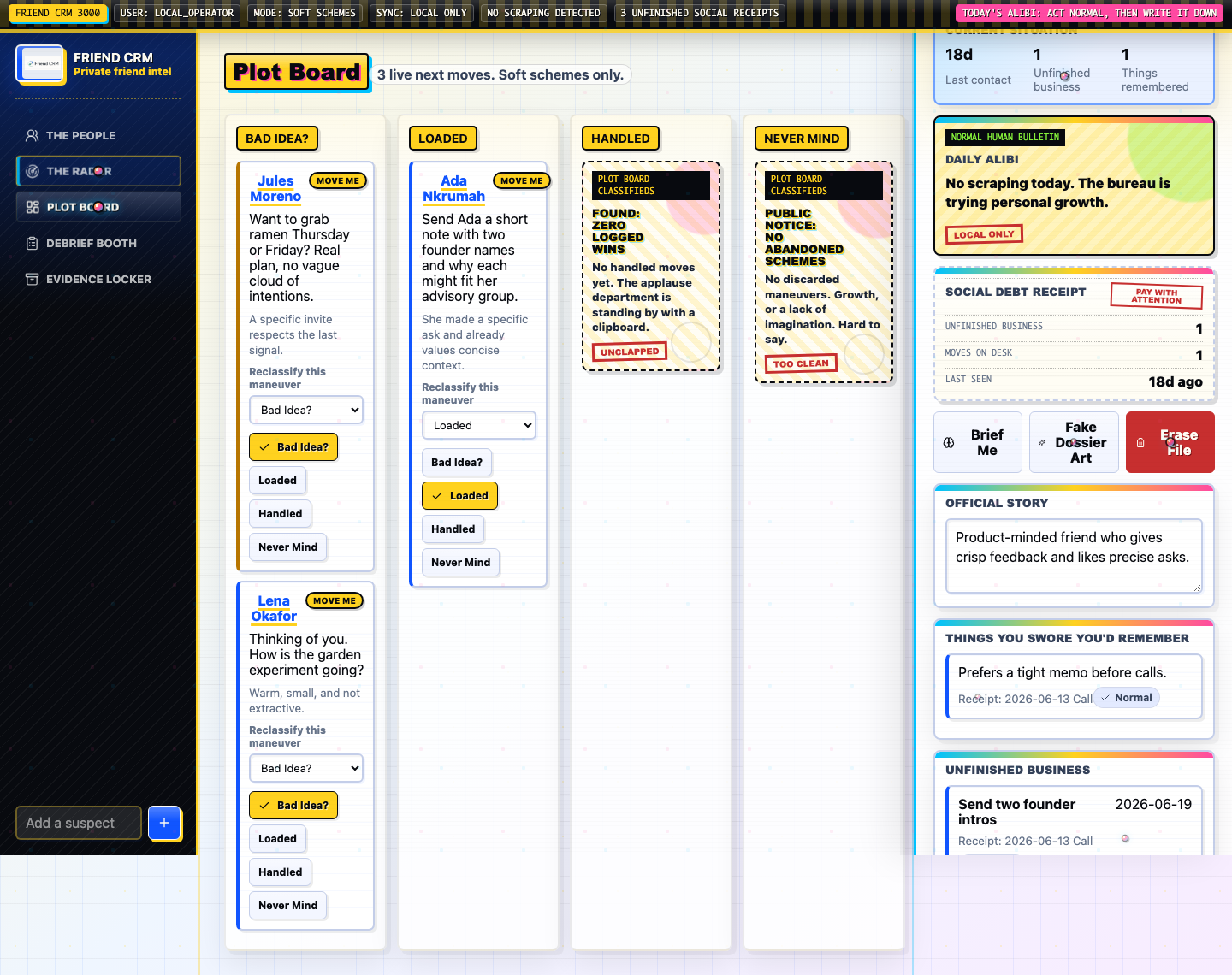 Friend CRM Plot Board showing relationship next moves grouped by status.