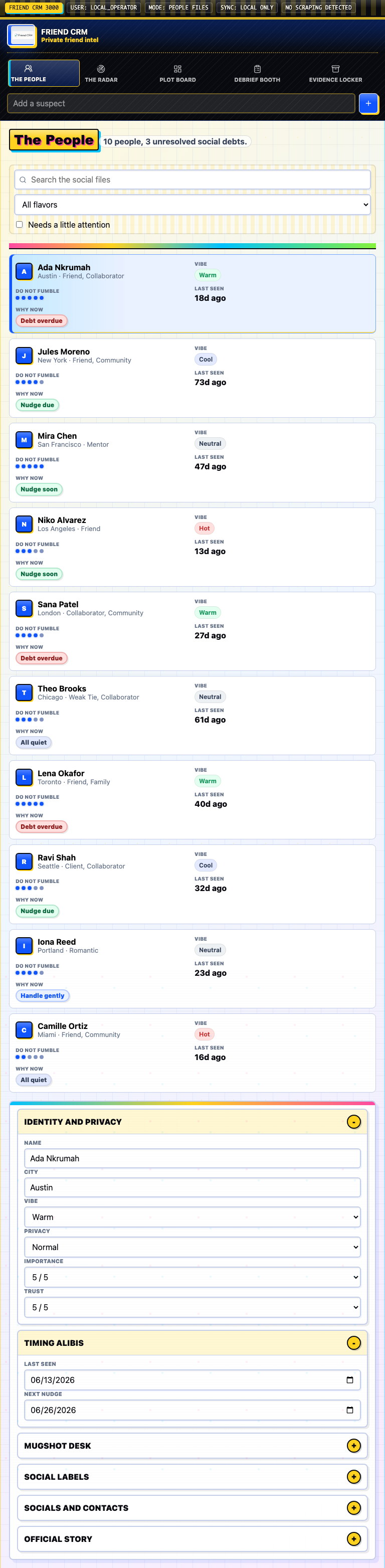 Friend CRM tablet people editor layout.